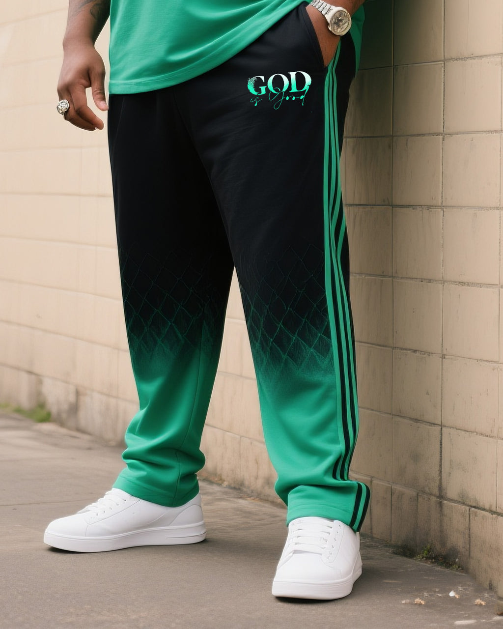 Big & Tall Black Green Gradient T-Shirt Pants Set for big men view 3