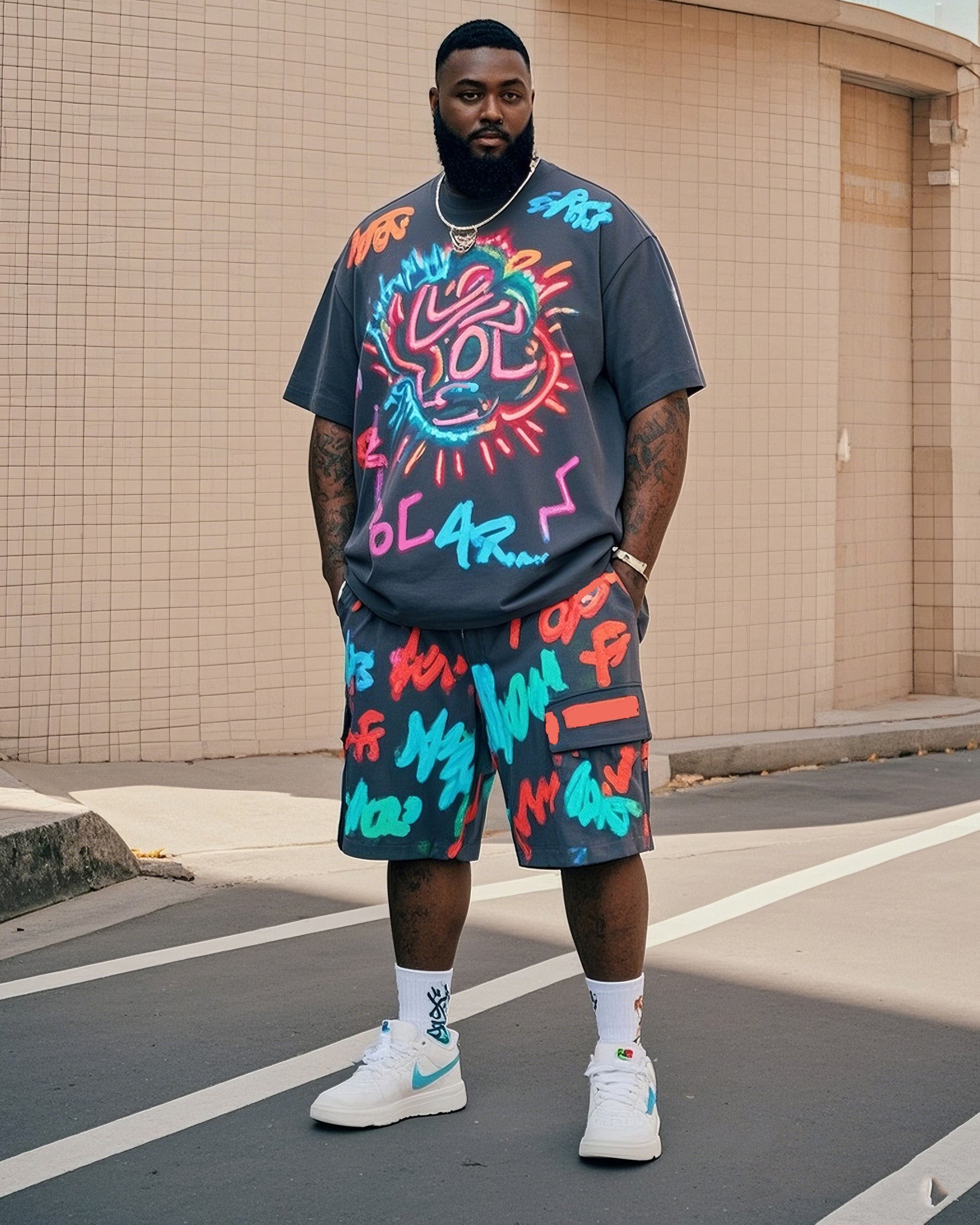 Big & Tall Graffiti T-Shirt Shorts Set for big men view 1