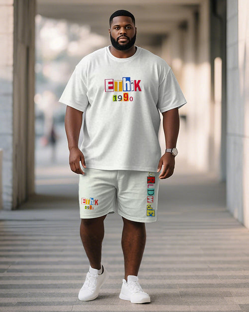 Big & Tall White Graphic T-Shirt Shorts Set for big men view 1