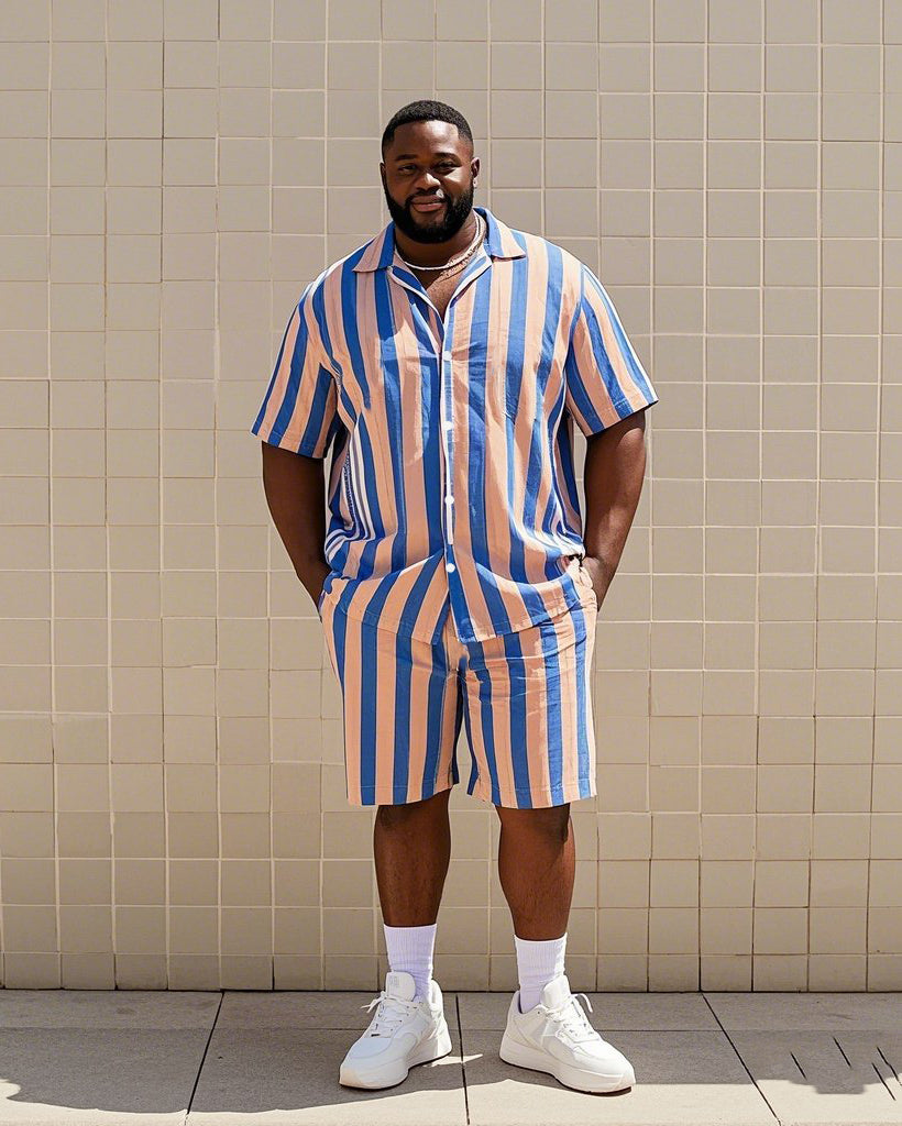 Big & Tall Blue Pink Colorblock T-Shirt Shorts Set for big men view 1