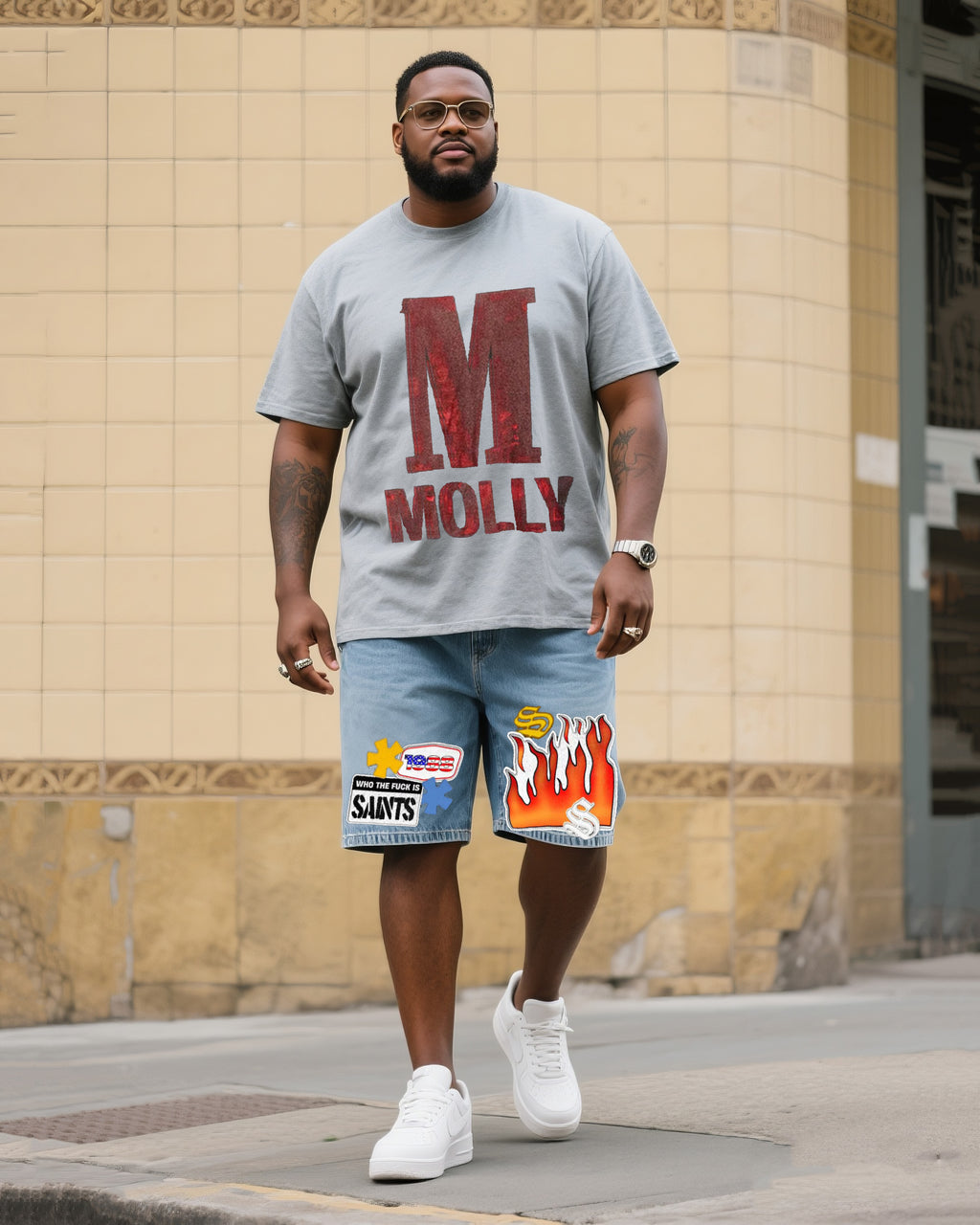 Big & Tall Denim Streetwear T-Shirt Shorts Set for big men view 1