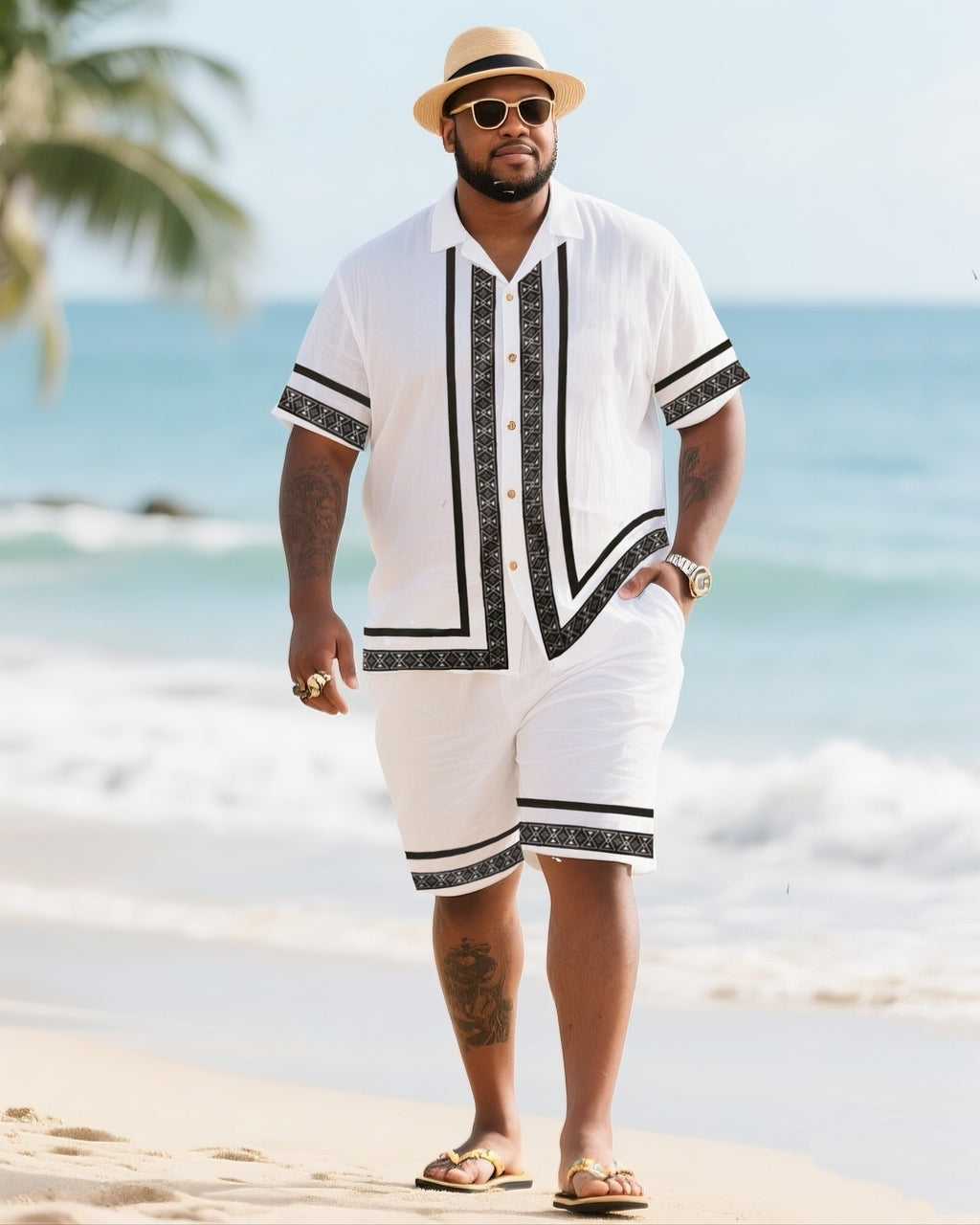Big & Tall Black White Striped T-Shirt Shorts Set for big men view 1