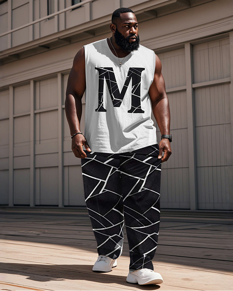 Big & Tall Black Geometric Striped Vest Pants Set for big men view 1
