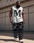 Big & Tall Black Geometric Striped Vest Pants Set for big men view 1