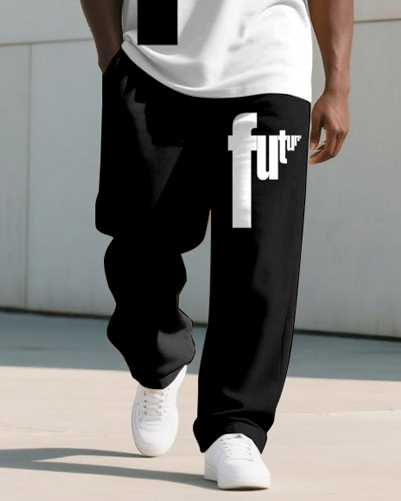Big & Tall Black White Graphic T-Shirt Pants Set for big men view 3