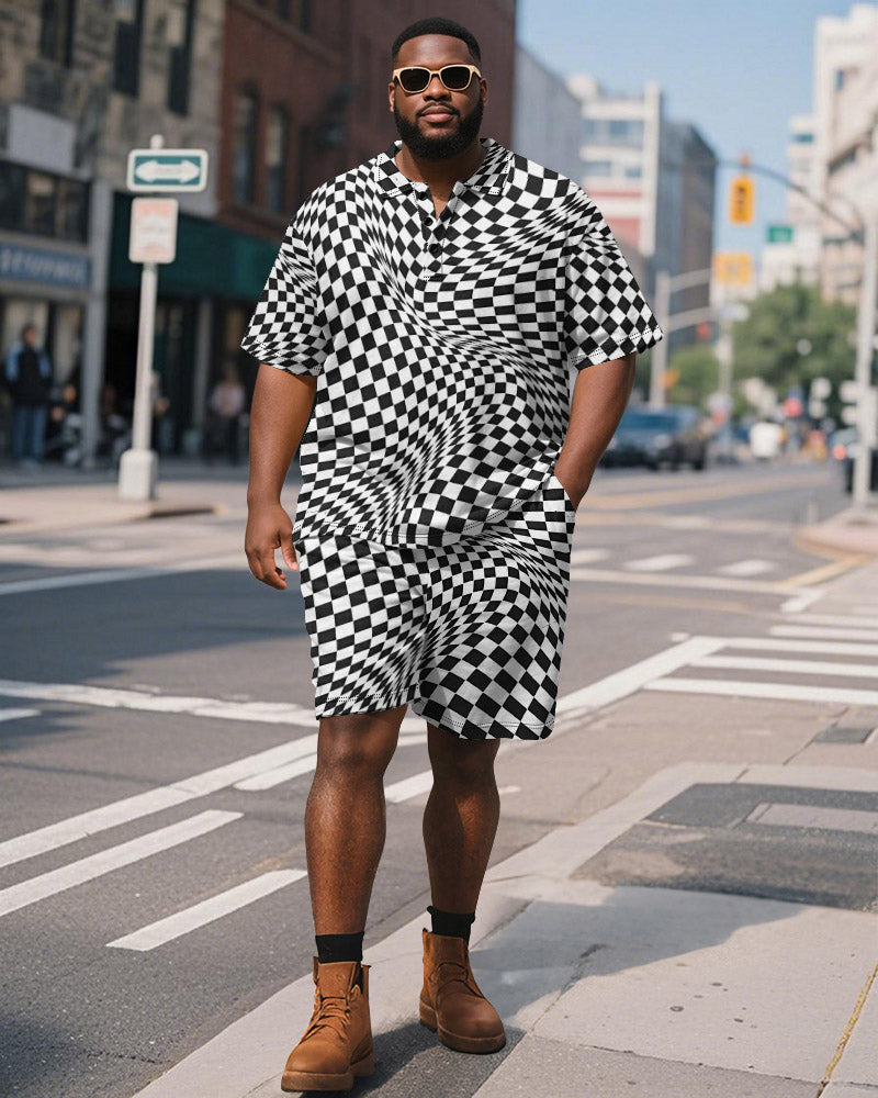 Big & Tall Black Graphic Polo Shorts Set for big men view 1