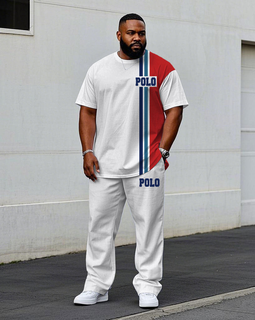 Big & Tall White Red Streetwear T-Shirt Pants Set for big men view 1