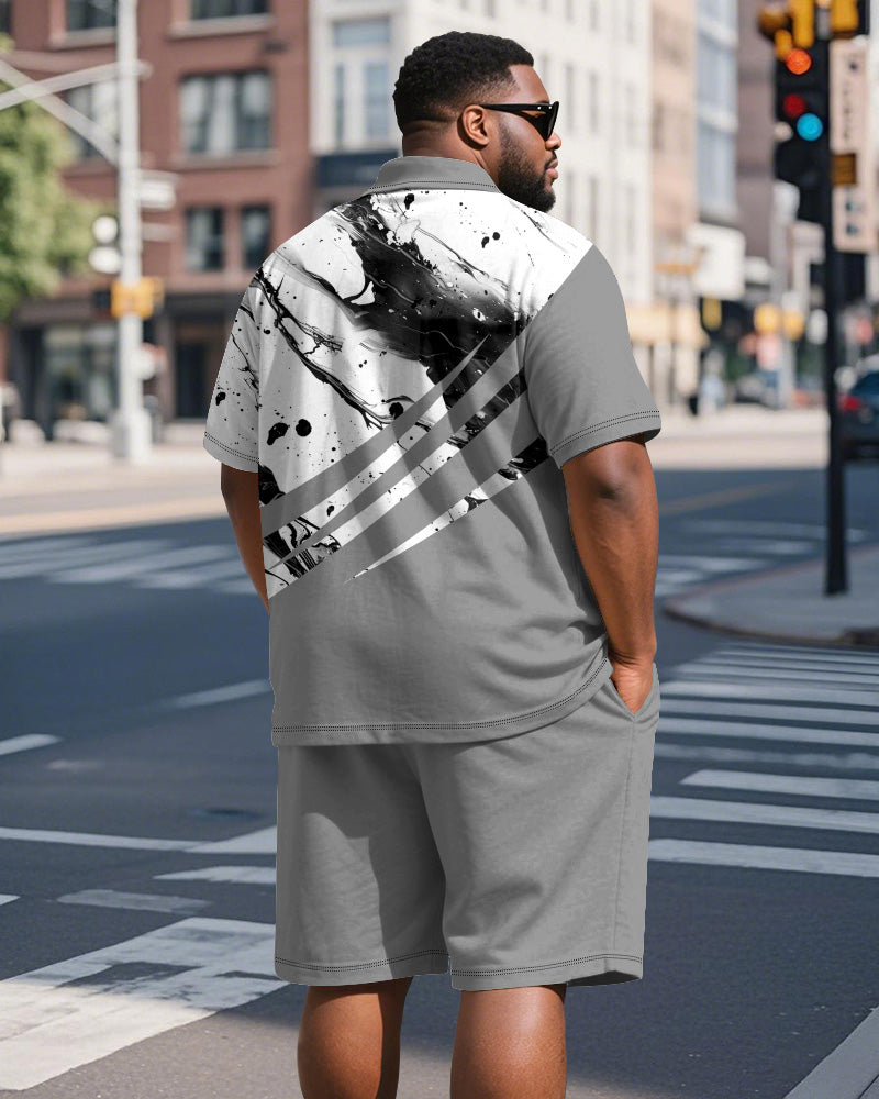 Big & Tall Gray Geometric Graphic Polo Shorts Set for big men view 5