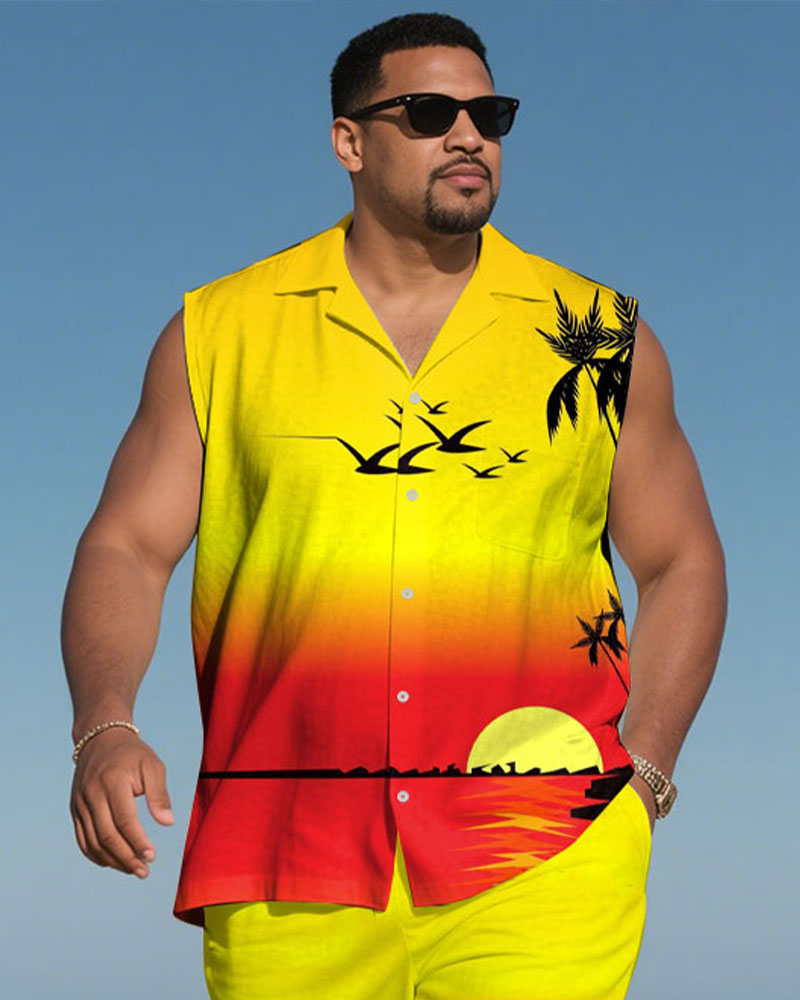 Big & Tall Yellow Hawaiian Graphic Shirt Shorts Set for big men view 2