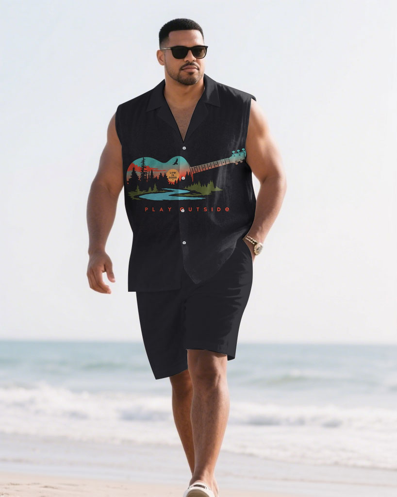 Big & Tall Black Hawaiian Graphic T-Shirt Shorts Set for big men view 1