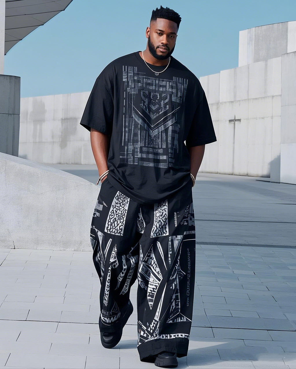 Big & Tall Black White Geometric T-Shirt Pants Set for big men view 1