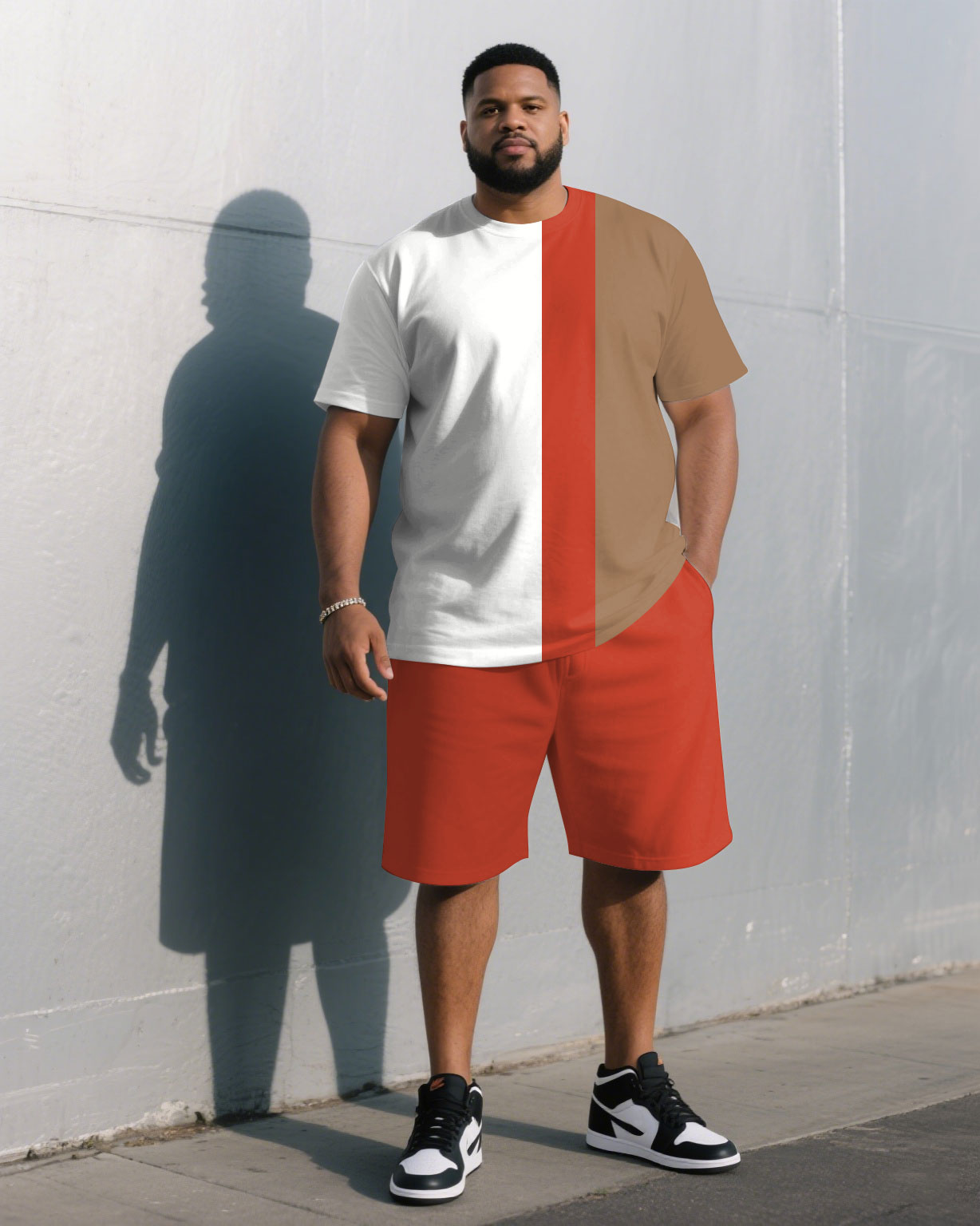 Big & Tall White Khaki Colorblock T-Shirt Shorts Set for big men view 1
