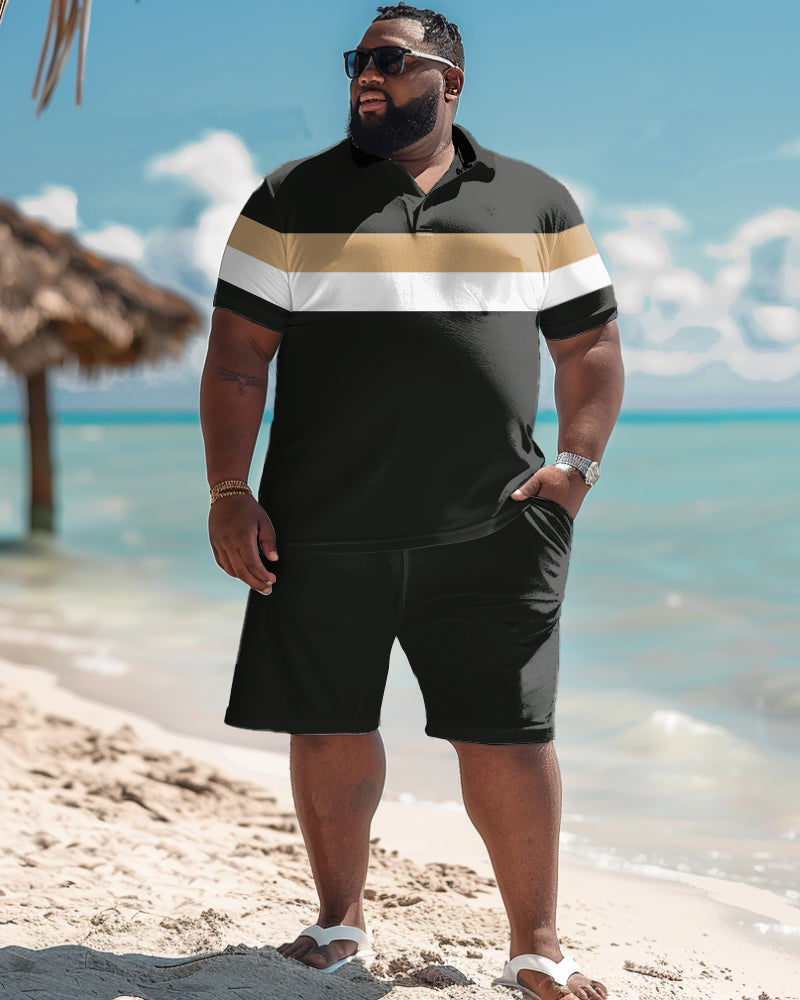 Big & Tall Khaki Striped Graphic T-Shirt Shorts Set for big men view 1