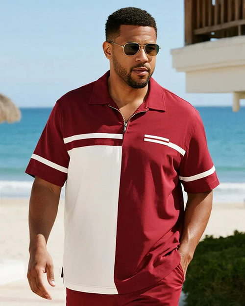 Big & Tall Red Colorblock Striped Polo Shorts Set for big men view 2