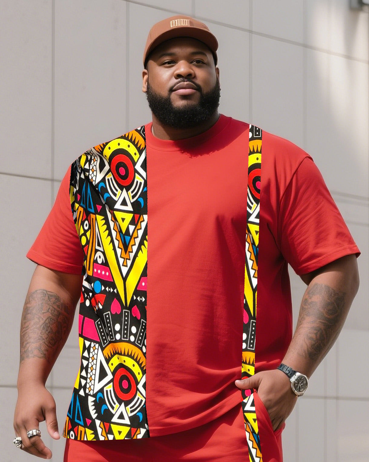 Big & Tall Red Striped Graphic T-Shirt Shorts Set for big men view 2