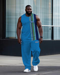 Big & Tall Blue Colorblock Striped Vest Pants Set for big men view 1