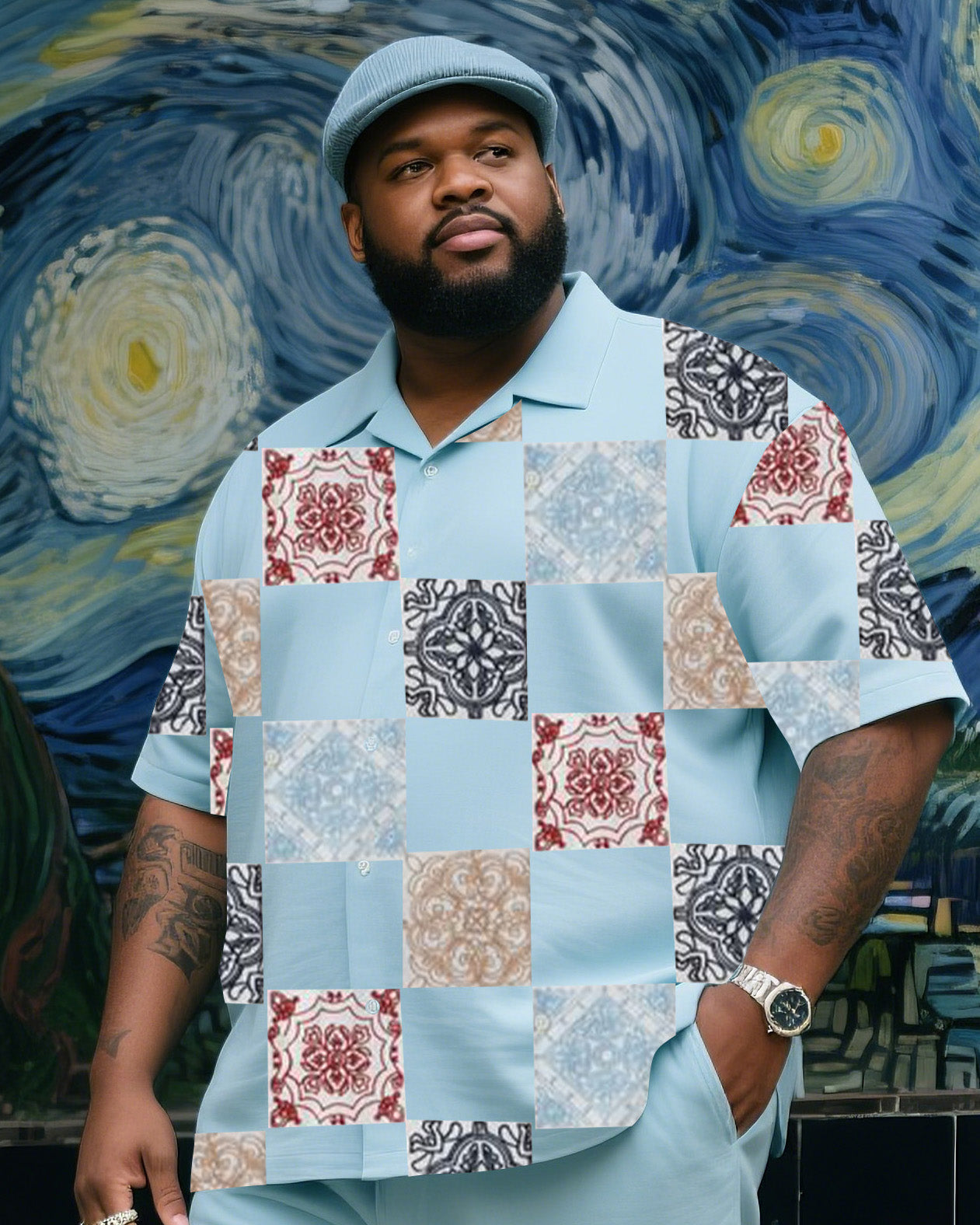 Big & Tall Blue Vintage T-Shirt Pants Set for big men view 2