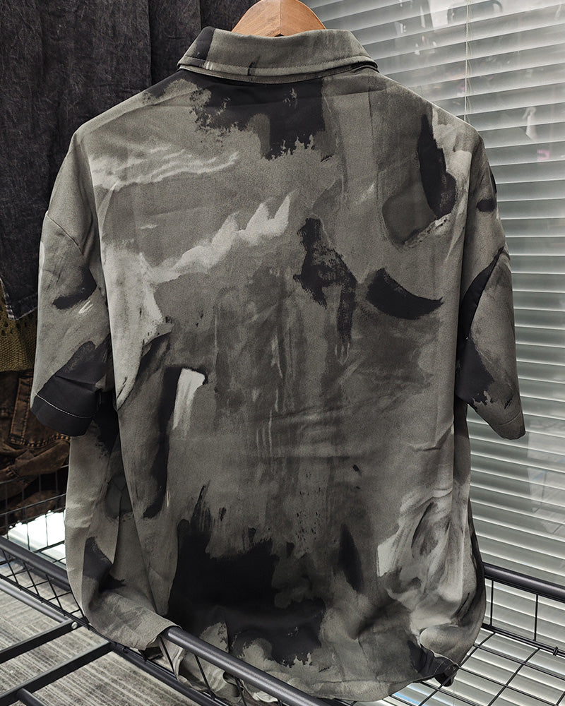 Big & Tall Green Gray Geometric Shirt Shorts Set for big men view 3