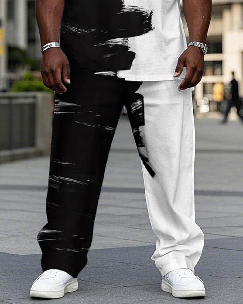 Big & Tall Black White Graphic T-Shirt Pants Set for big men view 3