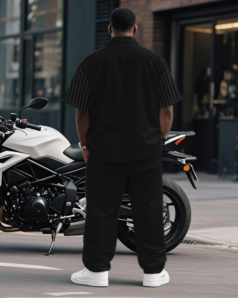 Big & Tall Black Striped Patchwork T-Shirt Pants Set for big men view 4