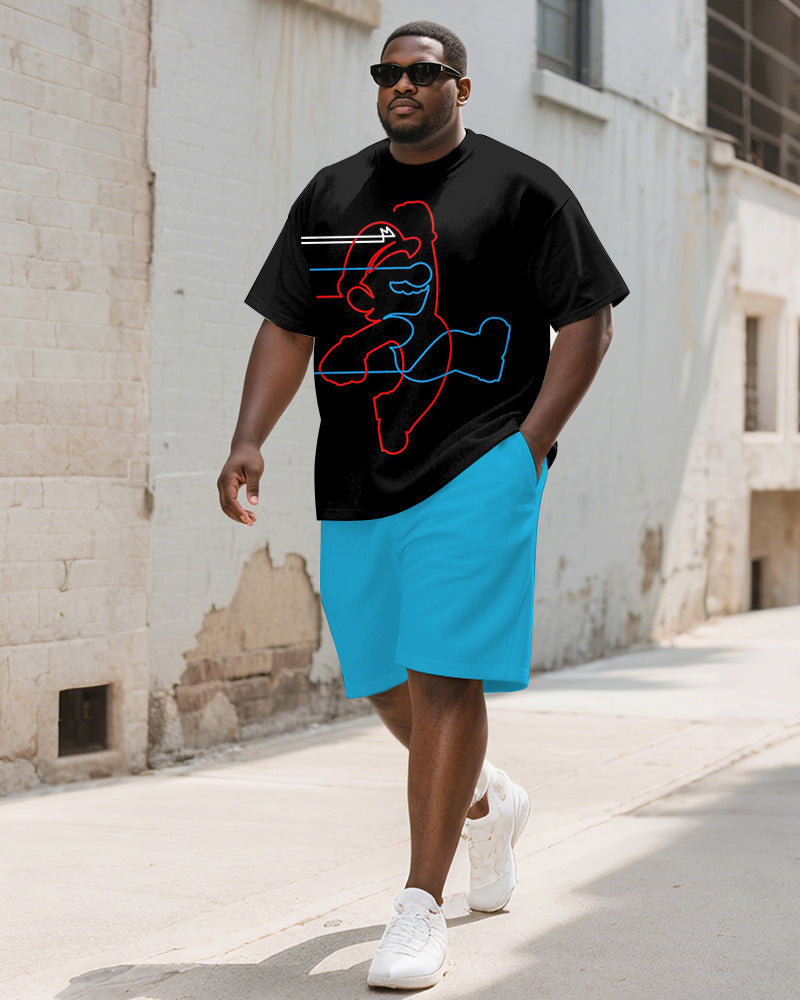 Big & Tall Black Blue Graphic T-Shirt Shorts Set for big men view 1