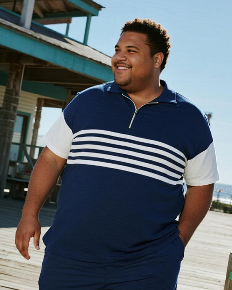 Big & Tall Blue Striped Graphic Polo Shorts Set for big men view 2