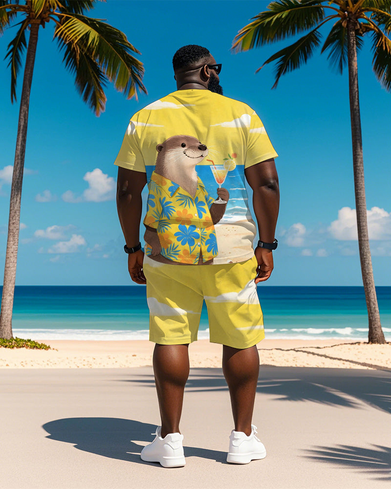 Big & Tall Yellow Hawaiian Graphic T-Shirt Shorts Set for big men view 4