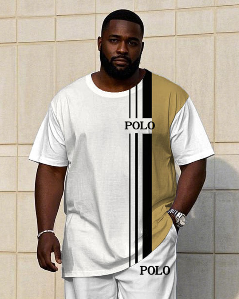Big & Tall White Khaki Colorblock T-Shirt Pants Set for big men view 2
