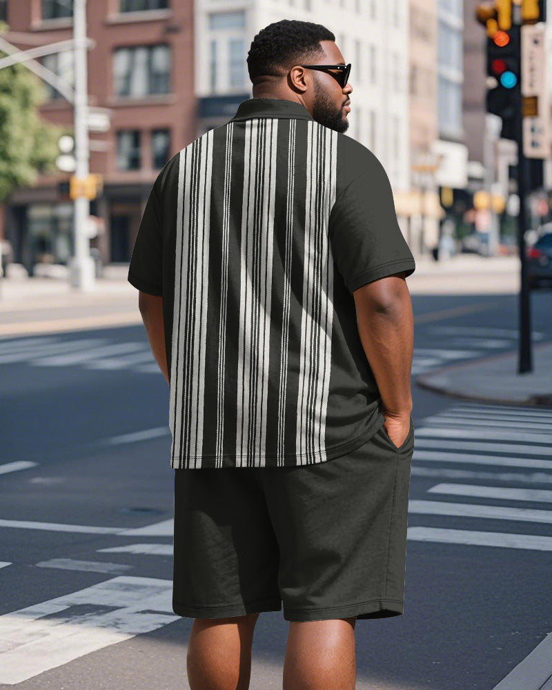 Big & Tall Black Striped Graphic Polo Shorts Set for big men view 5