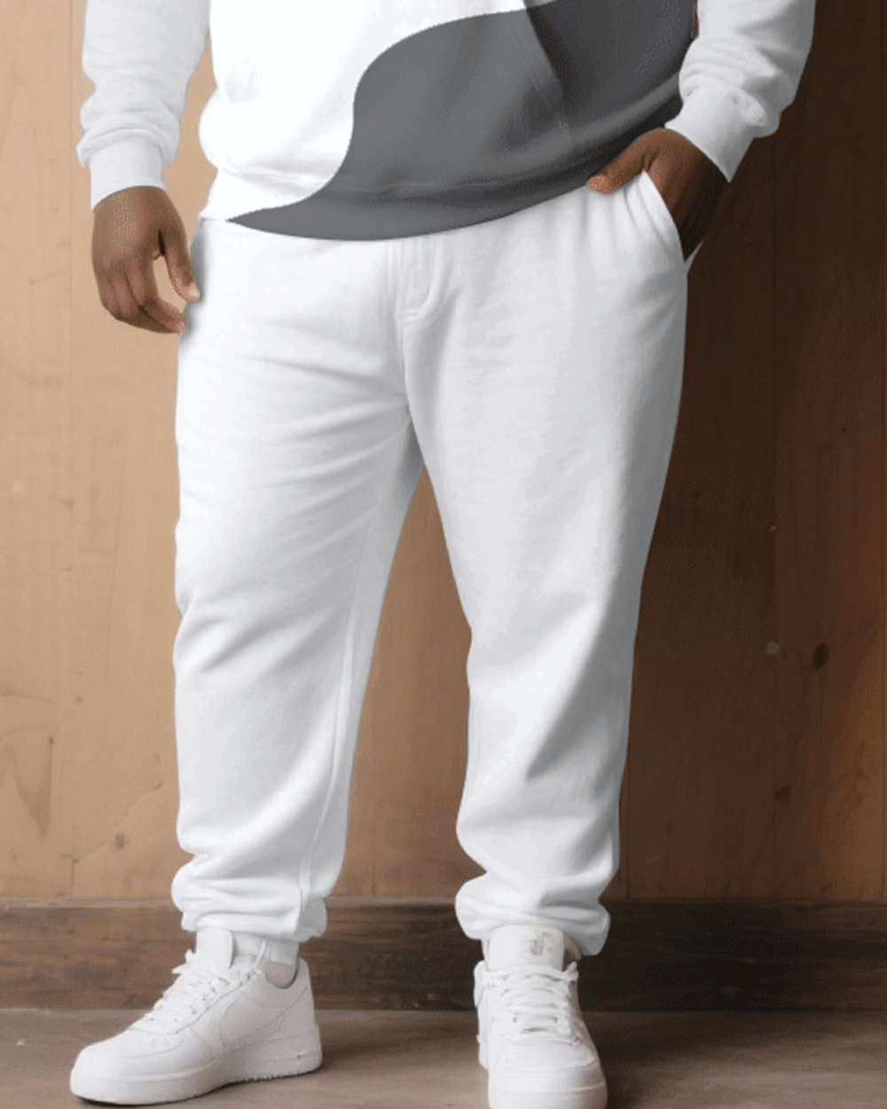 Big & Tall White Gray Patchwork Hoodie Sweatpants Set for big men view 3