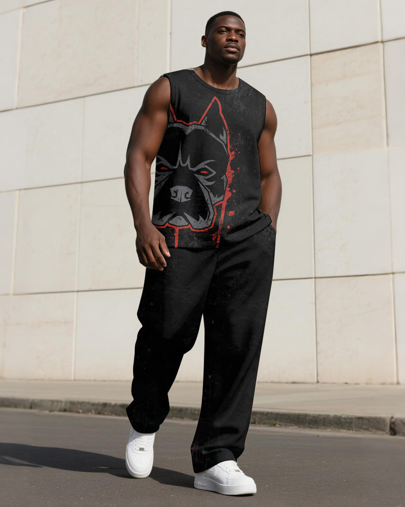 Big & Tall Black Graphic Vest Pants Set for big men view 1