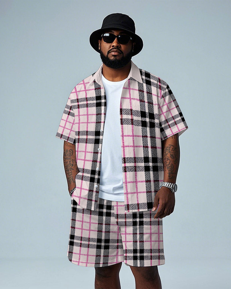 Big & Tall Pink Plaid T-Shirt Shorts Set for big men view 1