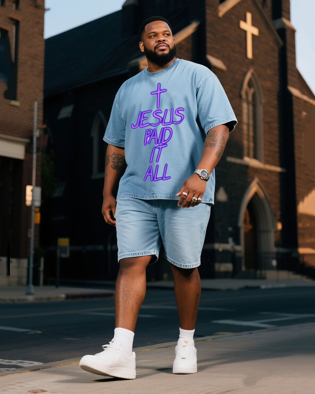 Big & Tall Denim T-Shirt Shorts Set for big men view 1