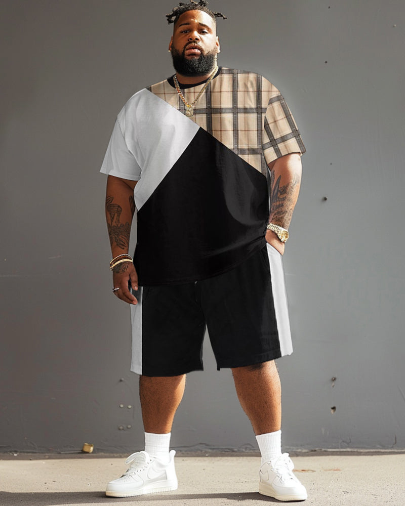 Big & Tall Black White Plaid T-Shirt Shorts Set for big men view 2