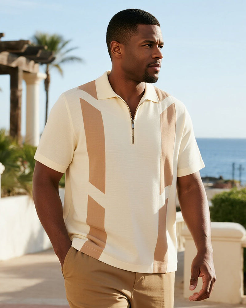 Big & Tall Beige Geometric Striped Polo Shirt for big men