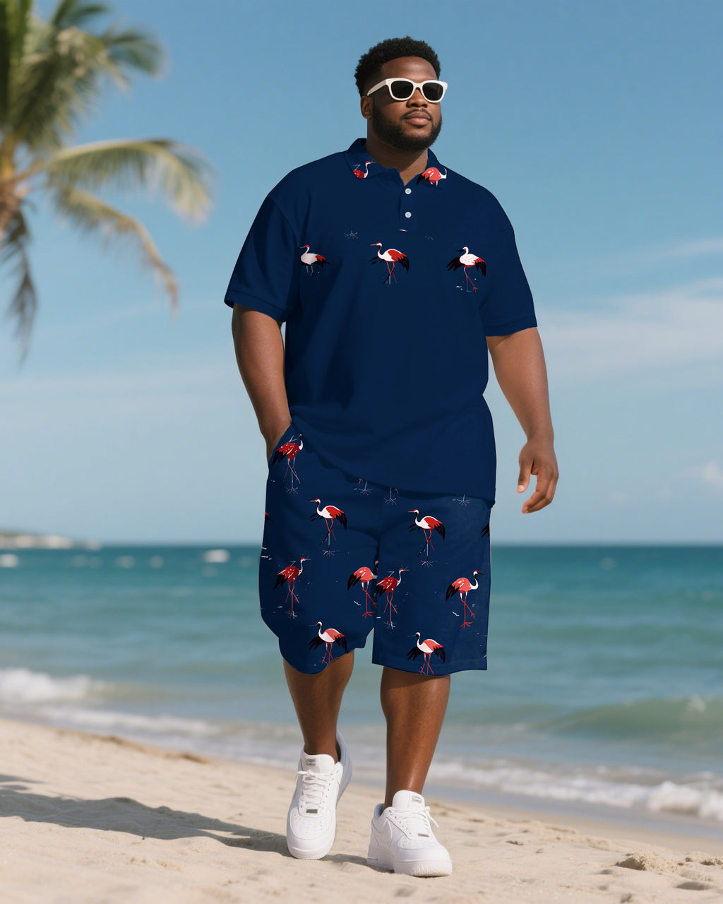 Big & Tall Hawaiian Polo Shorts Set for big men view 1