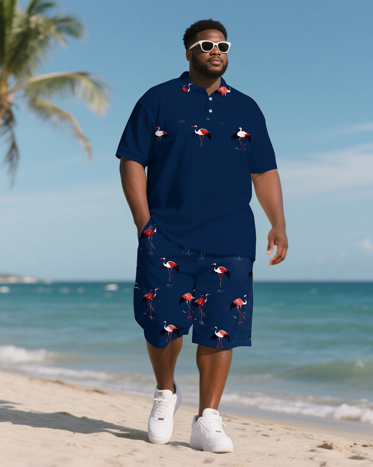 Big & Tall Hawaiian Polo Shorts Set for big men view 1