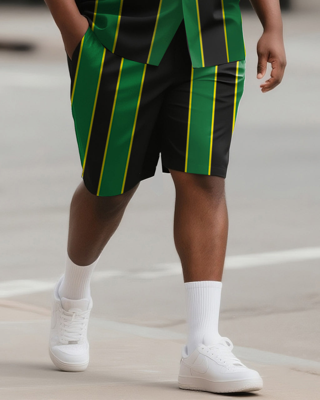 Big & Tall Black Green Colorblock T-Shirt Shorts Set for big men view 3