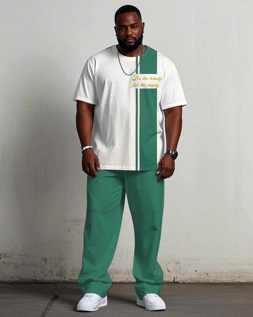 Big & Tall White Blue Colorblock T-Shirt Pants Set for big men view 1