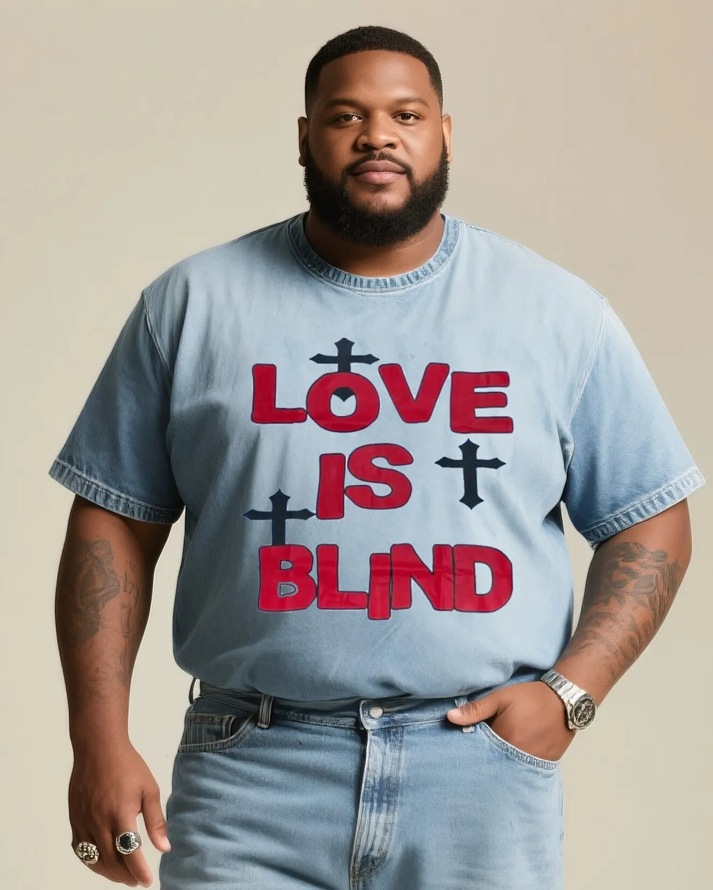 Big & Tall Denim Graphic T-Shirt Shorts Set for big men view 2