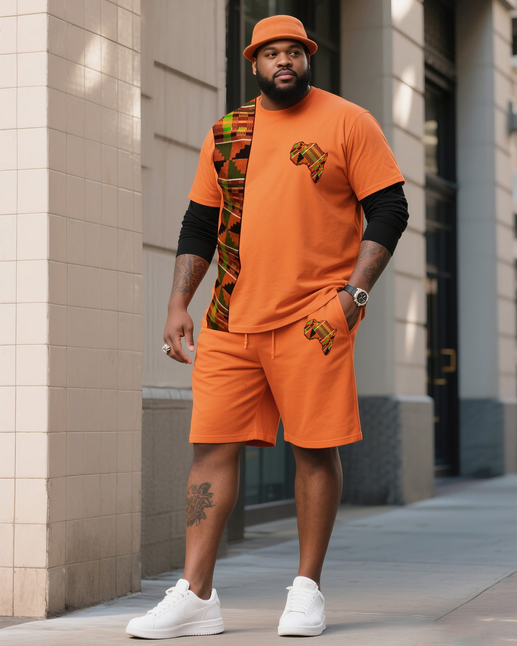 Big & Tall Orange Striped Graphic T-Shirt Shorts Set for big men view 1