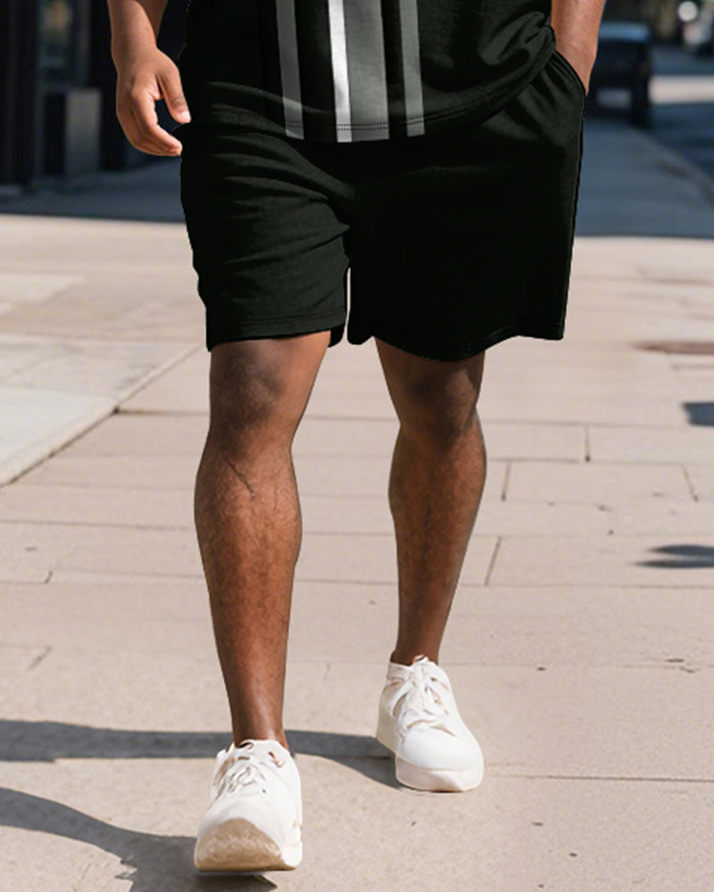 Big & Tall Black Striped Graphic Polo Shorts Set for big men view 4