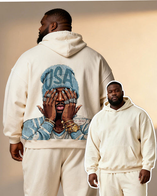 Big & Tall White Blue Graphic Hoodie Sweatpants Set for big men view 2