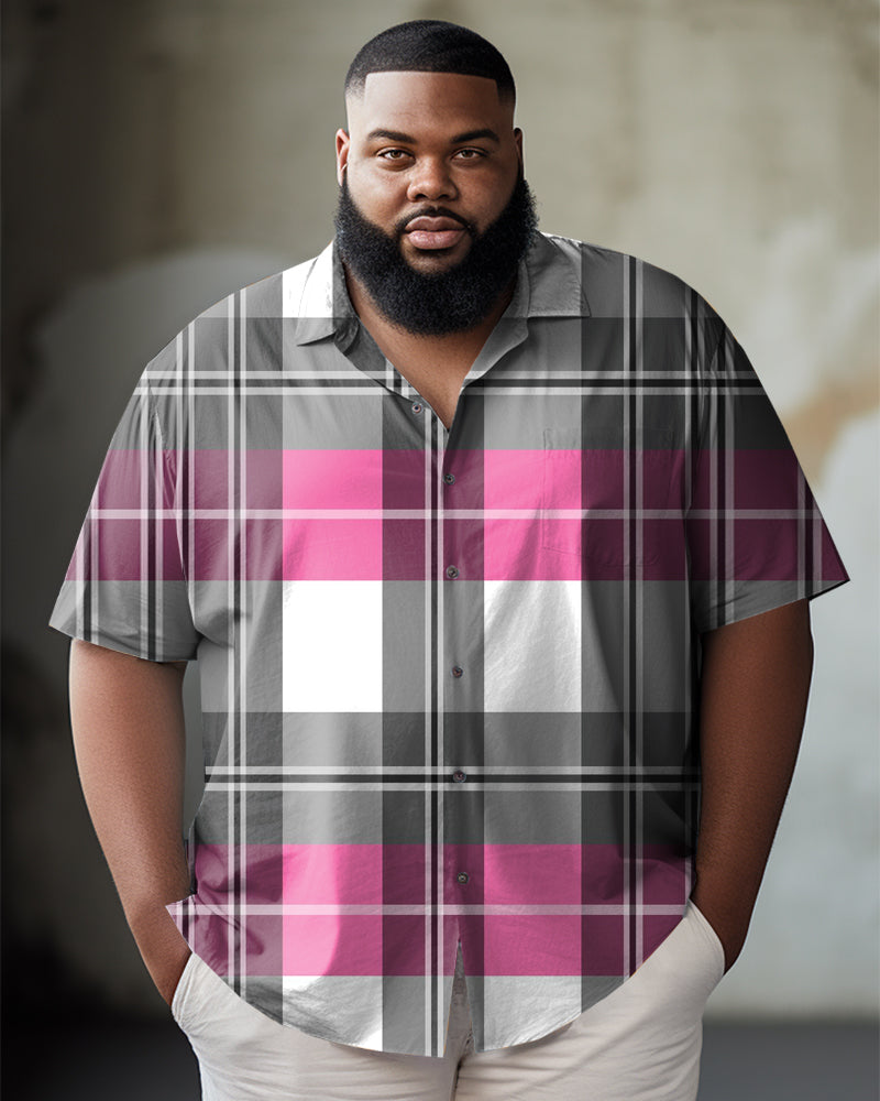 Big & Tall Pink Gray Plaid Short Sleeve Shirt for big men