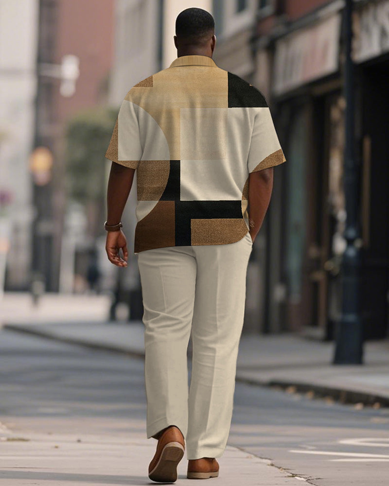 Big & Tall Brown Khaki Colorblock T-Shirt Pants Set for big men view 4