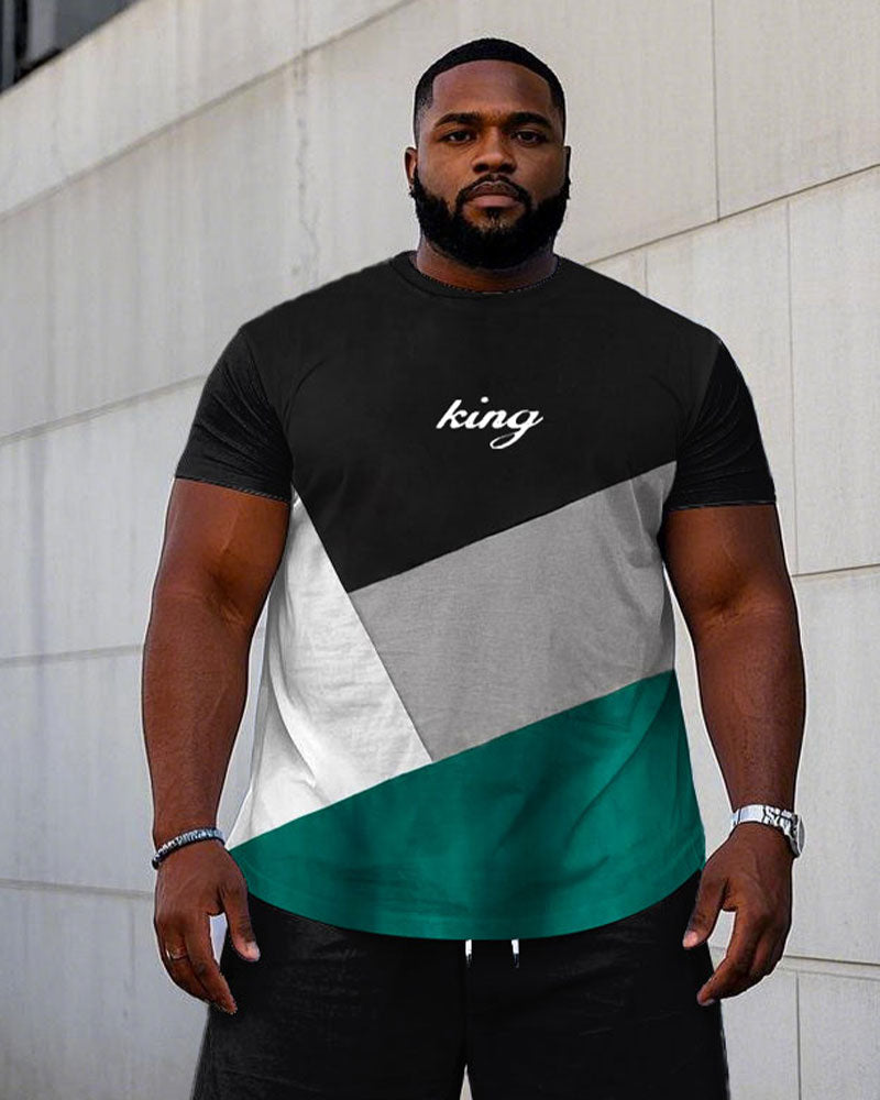 Big & Tall Black Green Colorblock T-Shirt Shorts Set for big men view 2