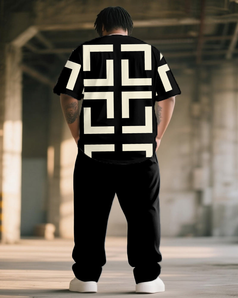 Big & Tall Black Geometric Graphic T-Shirt Pants Set for big men view 4