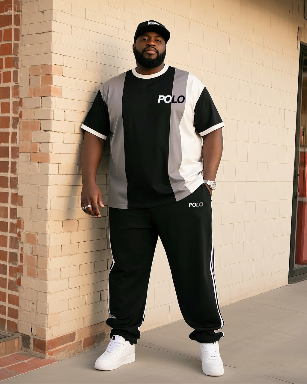 Big & Tall Black White Geometric T-Shirt Pants Set for big men view 1