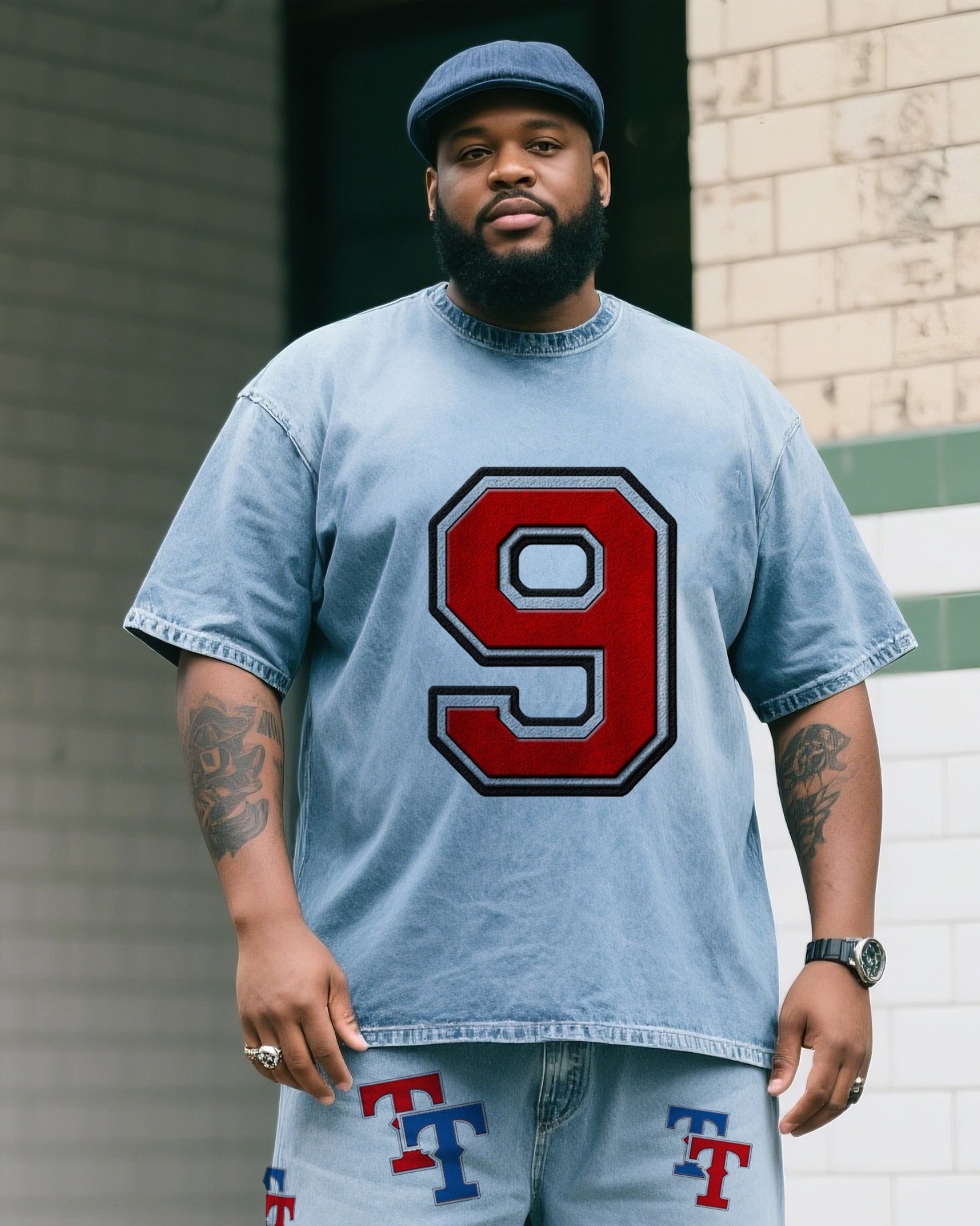 Big & Tall Denim Graphic T-Shirt Shorts Set for big men view 2
