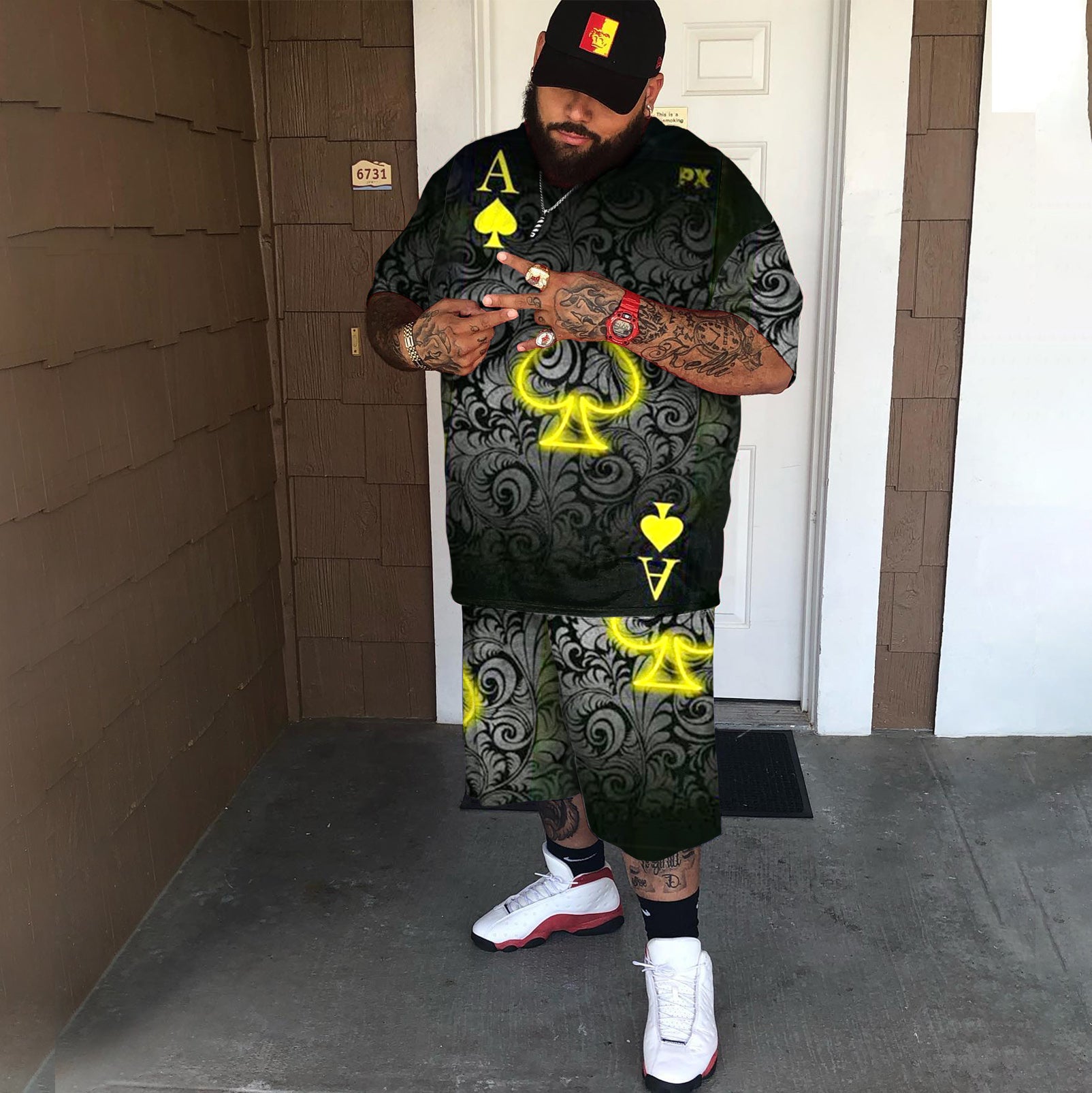 Big & Tall Black Streetwear Two-piece Set for big men